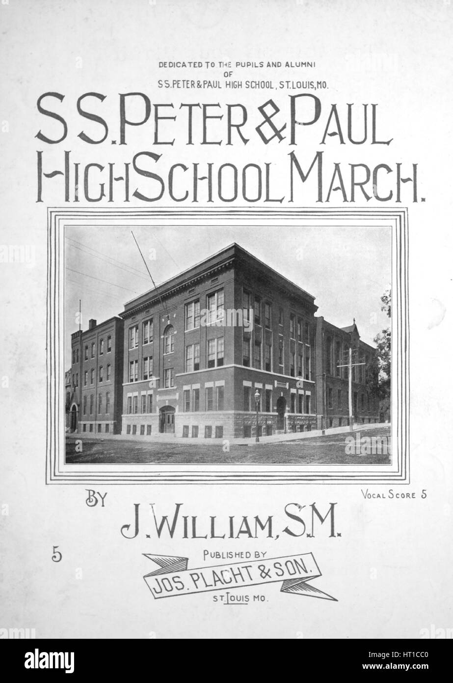 Foglio di musica immagine copertina della canzone 'SS Pietro e Paolo di alta scuola marzo Vocal Score', con paternitã originale lettura delle note "da J William, SM', 1903. L'editore è elencato come 'Jos. Placht e figlio', la forma della composizione è 'sectional', la strumentazione è 'pianoforte e voce", la prima linea di legge 'Soaring verso l'alto sulle ali della gioiosa canzone", e l'illustrazione artista è elencato come 'unattributed foto. di SS. Pietro e Paolo di alta scuola'. Foto Stock