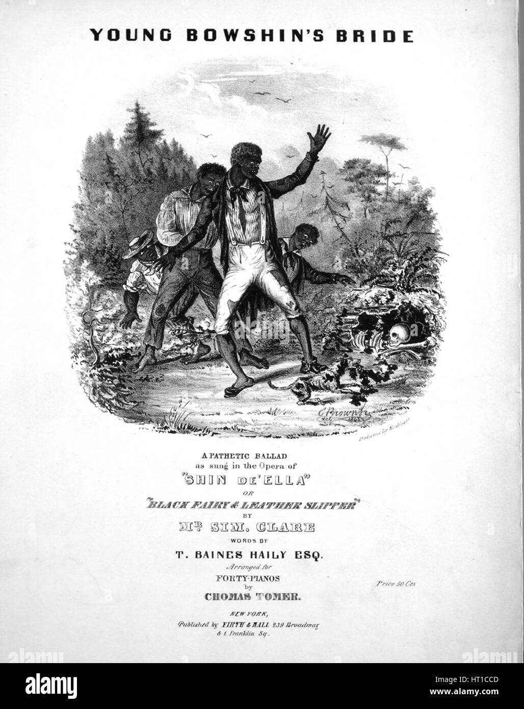Partitura immagine di copertina della canzone 'Bride A pathetic Ballad di Young Bowshin', con note di autore originali che leggono 'Words by T Baines Haily, Esq arrangiato per Forty-Pianos da Chomas Tomer [Thomas Comer?]', Stati Uniti, 1843. L'editore è elencato come 'Firth and Hall, 239 Broadway', la forma di composizione è 'trofic con chorus', la strumentazione è 'piano e voce', la prima riga recita 'Der 'Jaw Bone' appeso in de kitchen Hall, De cornstalk shine on de white wash wall', E l'artista dell'illustrazione è elencato come 'E. Browne del., 1843; stampato da Endicott; G.W. Quidor Engvr.'. Foto Stock