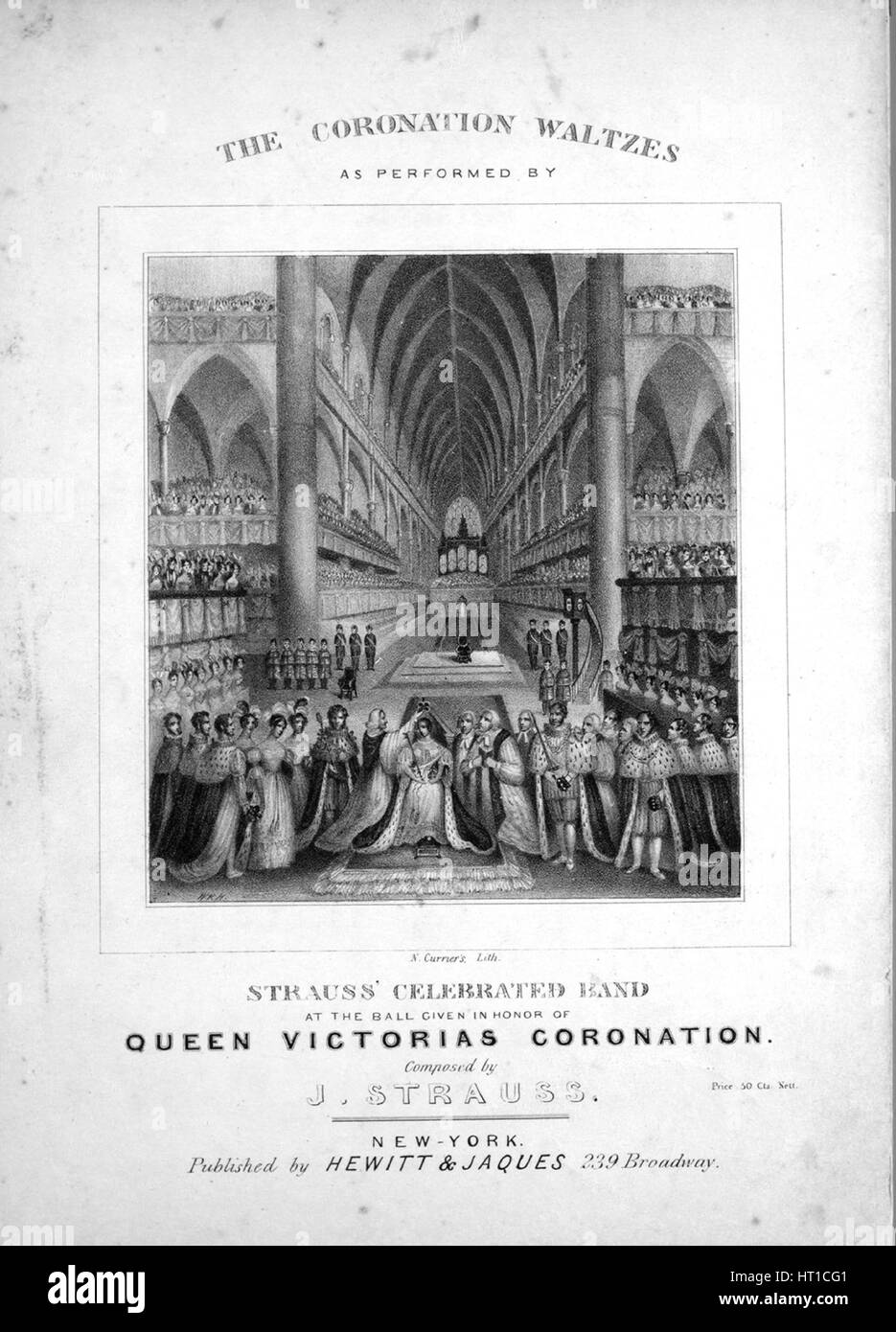 Foglio di musica immagine copertina della canzone 'l'Incoronazione valzer (1) The Cumberland valzer; (2) Il valzer greca; (3) Queen Victoria's Waltz; (4) Il Duca di Wellington's Waltz; (5) La duchessa di Kent's Waltz; (6) Il valzer turco; (7) St Alban's Walt; ( 8) Il Northumberland valzer; (9) La Guardia's Waltz", con paternitã originale lettura delle note "composto da J Strauss, Stati Uniti, 1900. L'editore è elencato come 'Hewitt e Jaques, 239 Broadway', la forma della composizione è 'sectional valzer', la strumentazione è 'piano', la prima riga indica 'Nessuno', e l'illustrazione artista è elenco Foto Stock