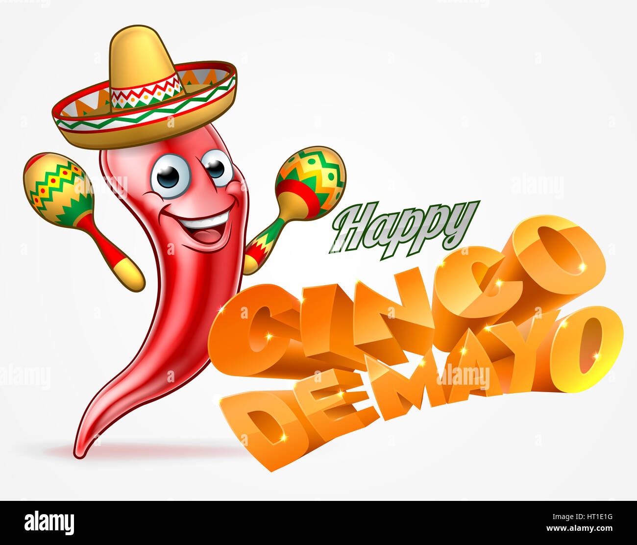 Un Felice Cinco De Mayo banner con peperoncino rosso personaggio dei fumetti in sombrero messicano cappello di paglia tenendo le maracas shakers Foto Stock