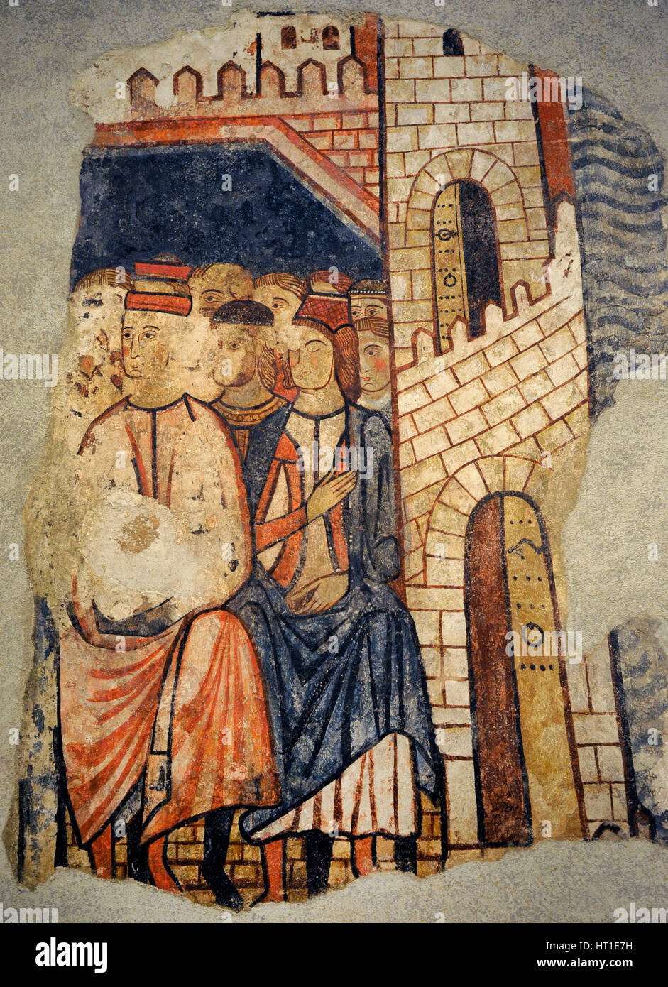 Maestro di conquista di Maiorca. Dipinti murali di conquista di Maiorca, 1285-1290. Dal Palazzo Berenguer Aguilar, Barcellona. Lineare in stile gotico. Affresco trasportato su tela. Particolare raffigurante riunione del parlamento catalano di Barcellona, 1228. Museo d'Arte Nazionale della Catalogna. Barcellona. La Catalogna. Spagna. Foto Stock