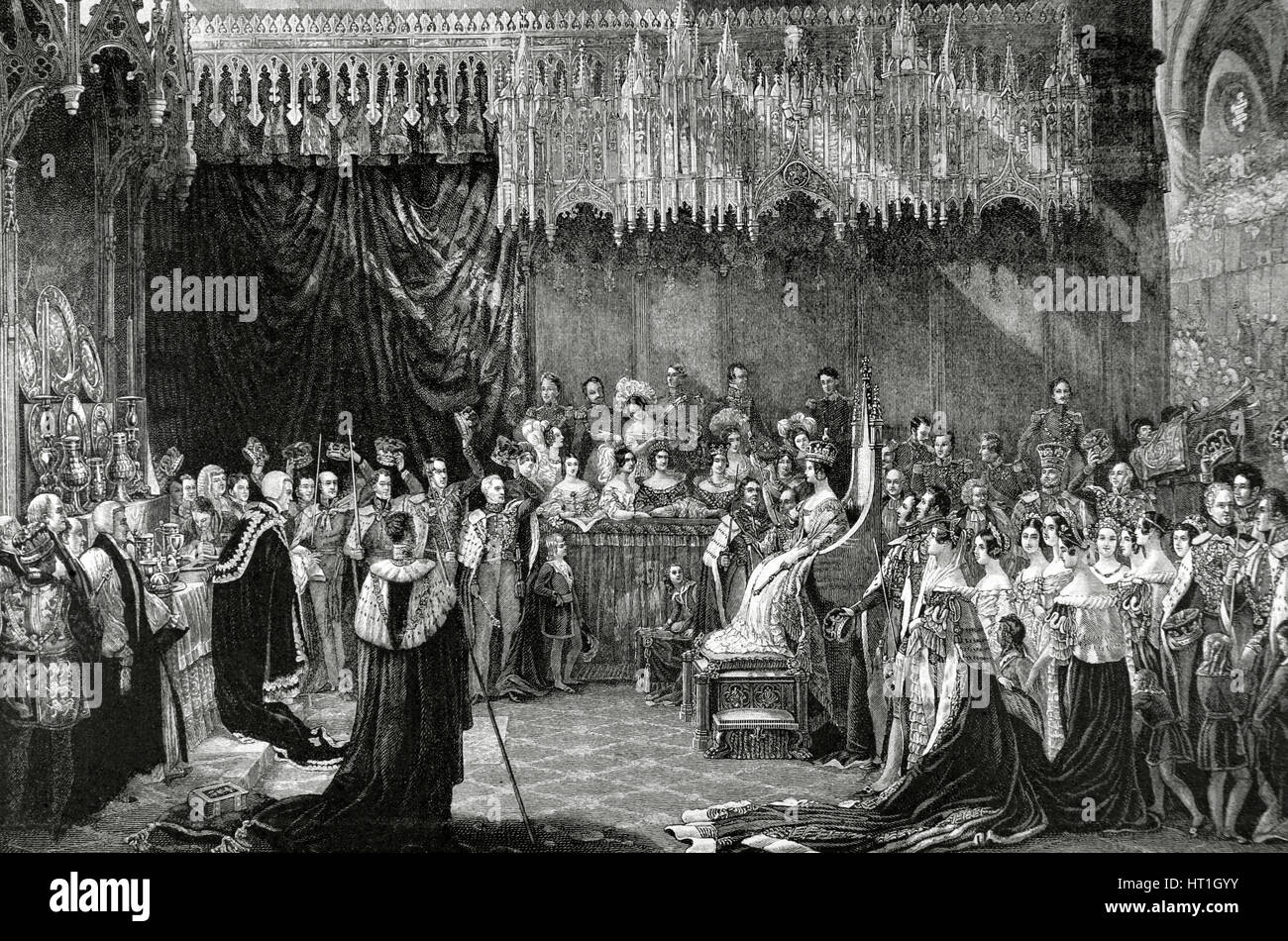 Victoria I (1819-1901). La regina del Regno Unito di Gran Bretagna e Irlanda (1837-1901). Incoronazione di Victoria come una regina, 28 giugno 1838, nell'Abbazia di Westminster. Dopo incisione da un dipinto di G. Hayter. "Almanaque de La Ilustracion', 1888. Foto Stock