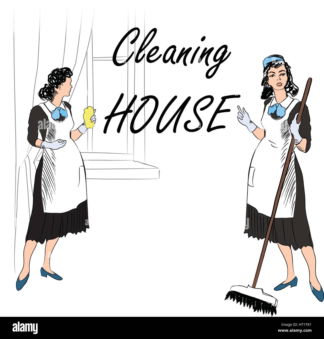 Il servizio di pulizia. donne, pulizia camera. illustrazione vettoriale di un cameriere la pulizia della camera Illustrazione Vettoriale
