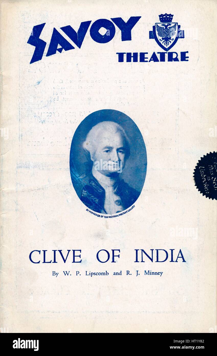 Clive dell India programma per il Teatro Savoy, 1934. Artista: sconosciuto Foto Stock