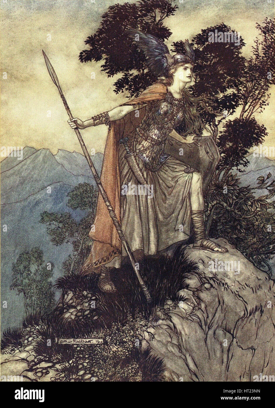 Brunhilde. Illustrazione per il Rhinegold e la valchiria di Richard Wagner, 1910. Artista: Rackham, Arthur (1867-1939) Foto Stock