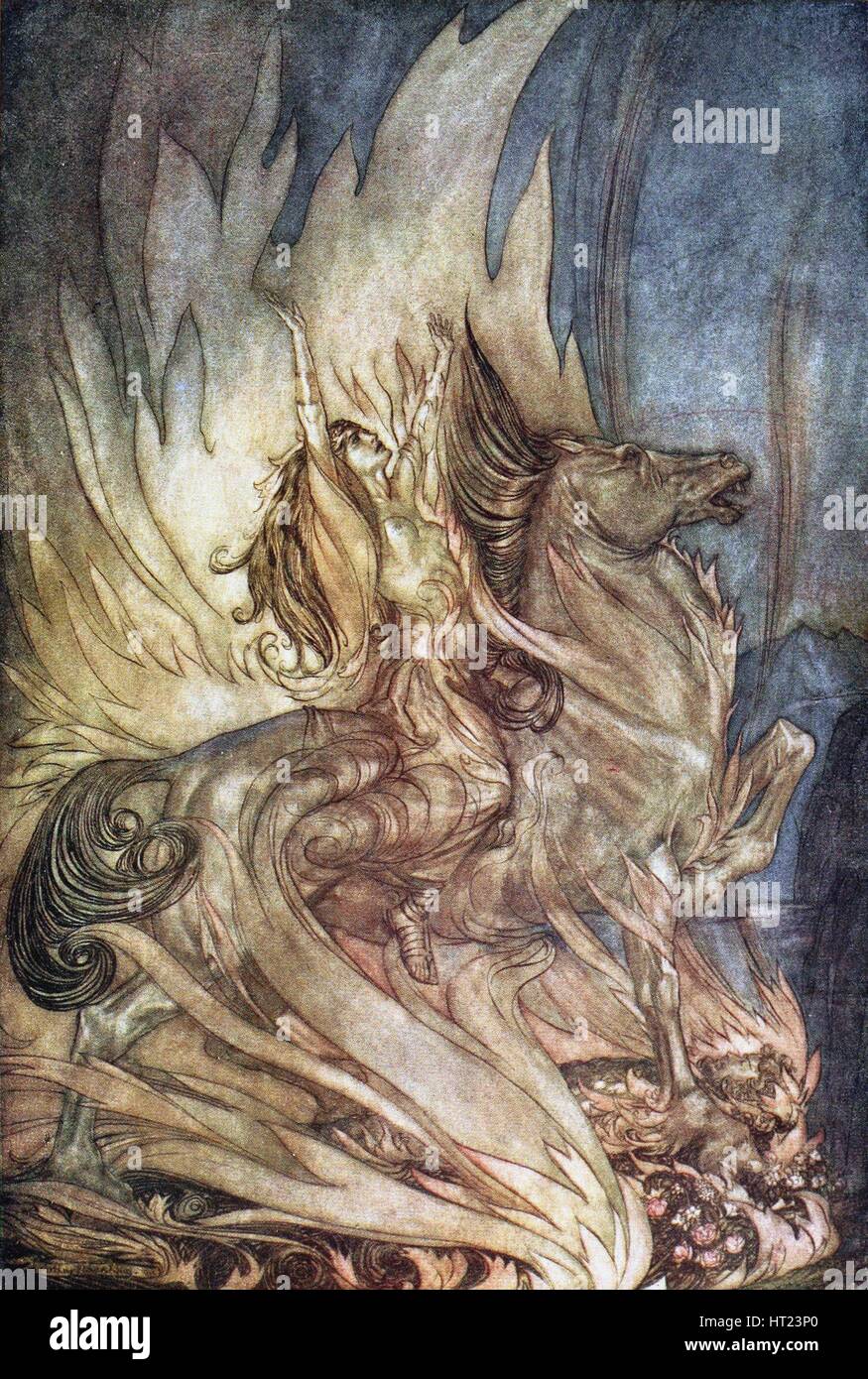 Brünnhilde sulla Grane balzi sulla pira funeraria di Siegfried. Illustrazione per Siegfried e il Tw Artista: Rackham, Arthur (1867-1939) Foto Stock