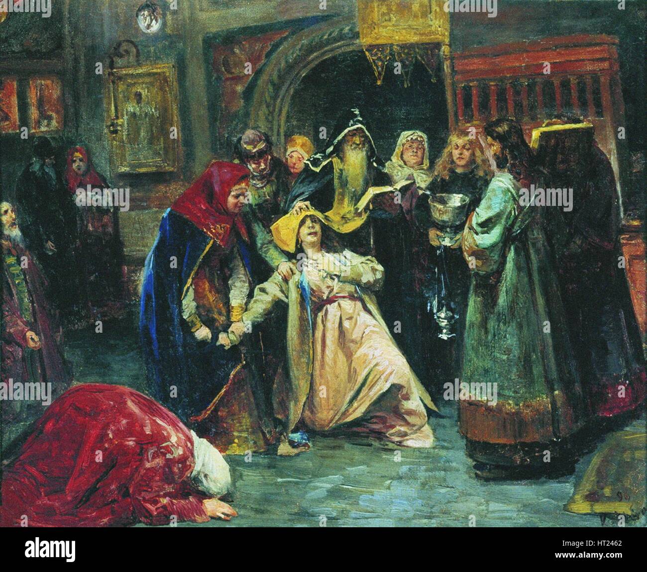 La forzata tonsura, 1896. Artista: Lebedev, Klavdi Vasilyevich (1852-1916) Foto Stock