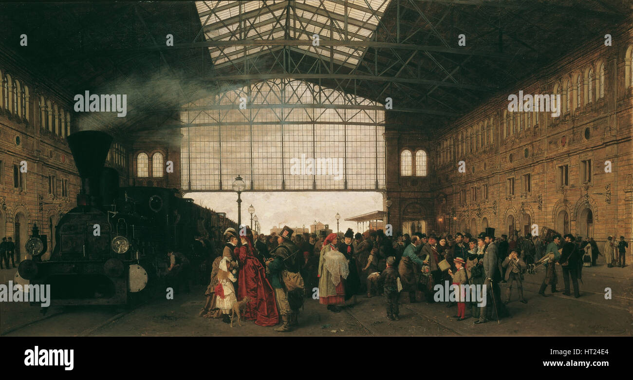 Arrivo di un treno a nord-ovest di Vienna Stazione, 1875. Artista: Karger, Karl (1848-1913) Foto Stock