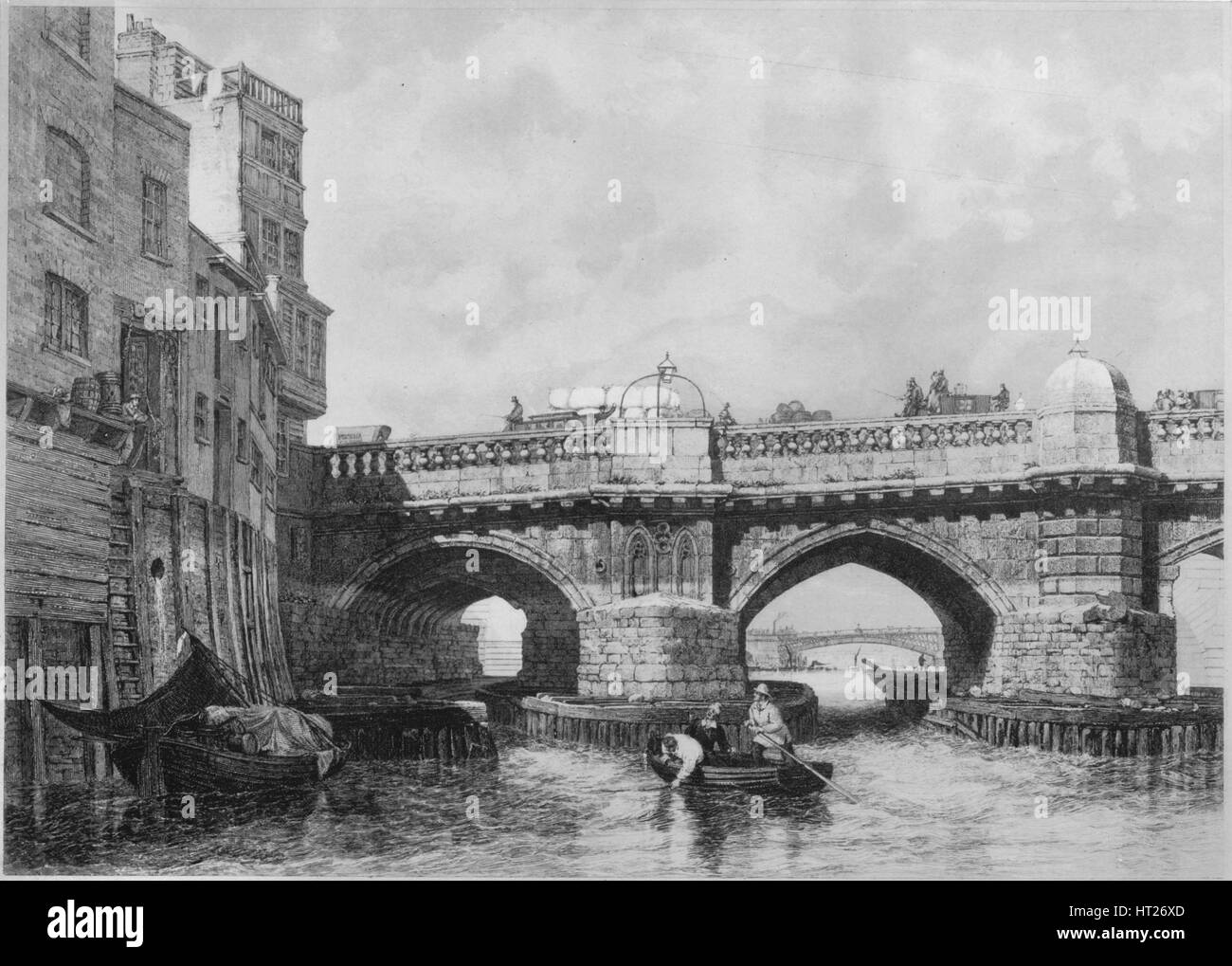 'Il Southwark Fine del vecchio ponte di Londra", 1831, (1912). Artisti: sconosciuto, Edward William Cooke. Foto Stock