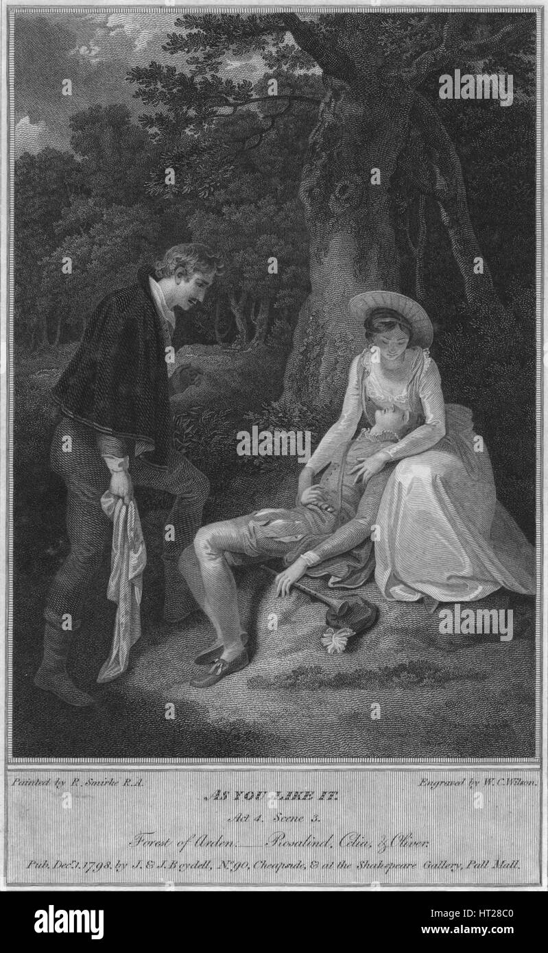 "Come piace a voi. Atto 4. Scena 3. Forest of Arden, - Rosalind, Celia & Oliver', 1798. Artista: WC Wilson. Foto Stock