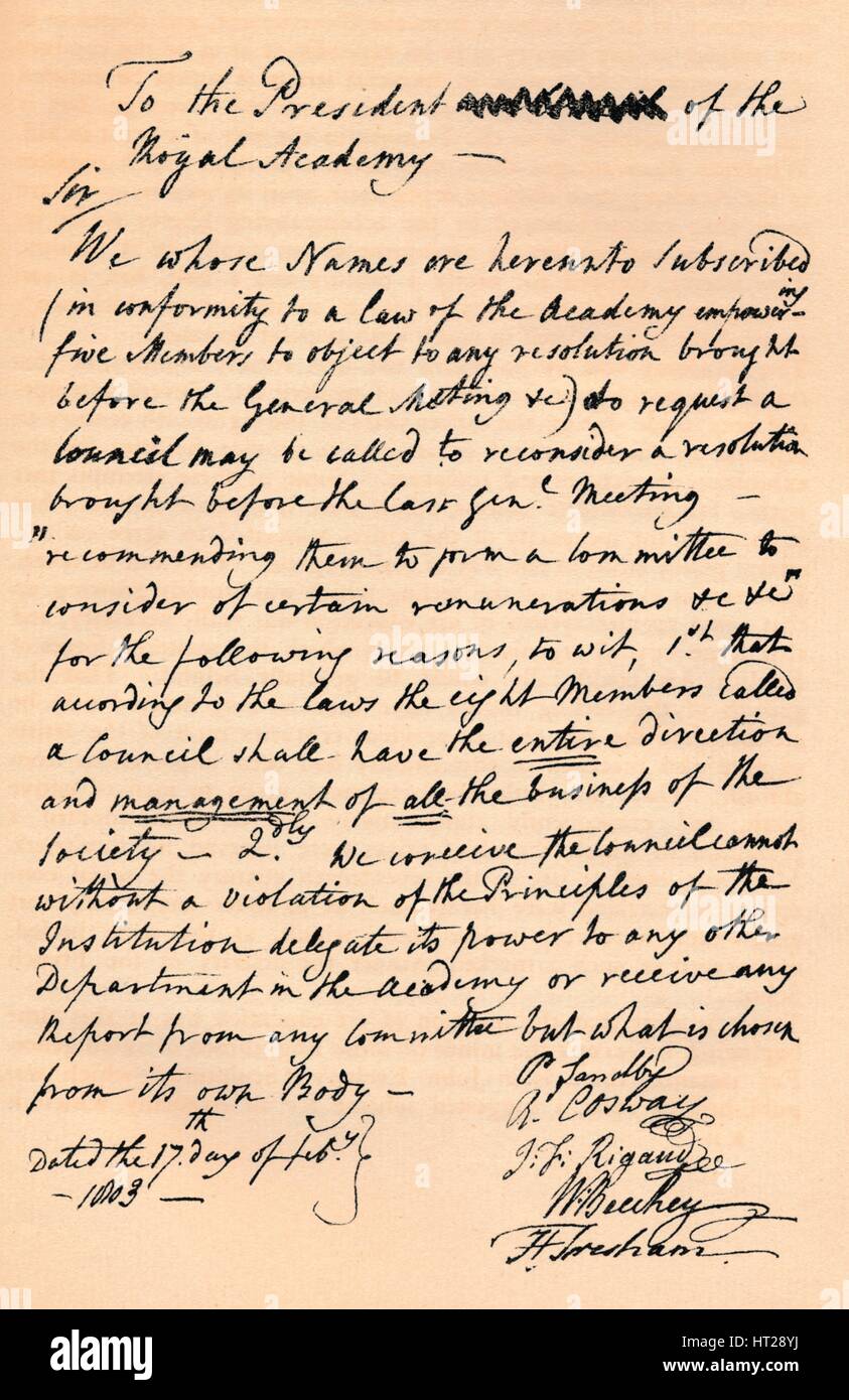 Lettera a Benjamin West, presidente della Royal Academy, 1803 (1904). Artista: sconosciuto. Foto Stock