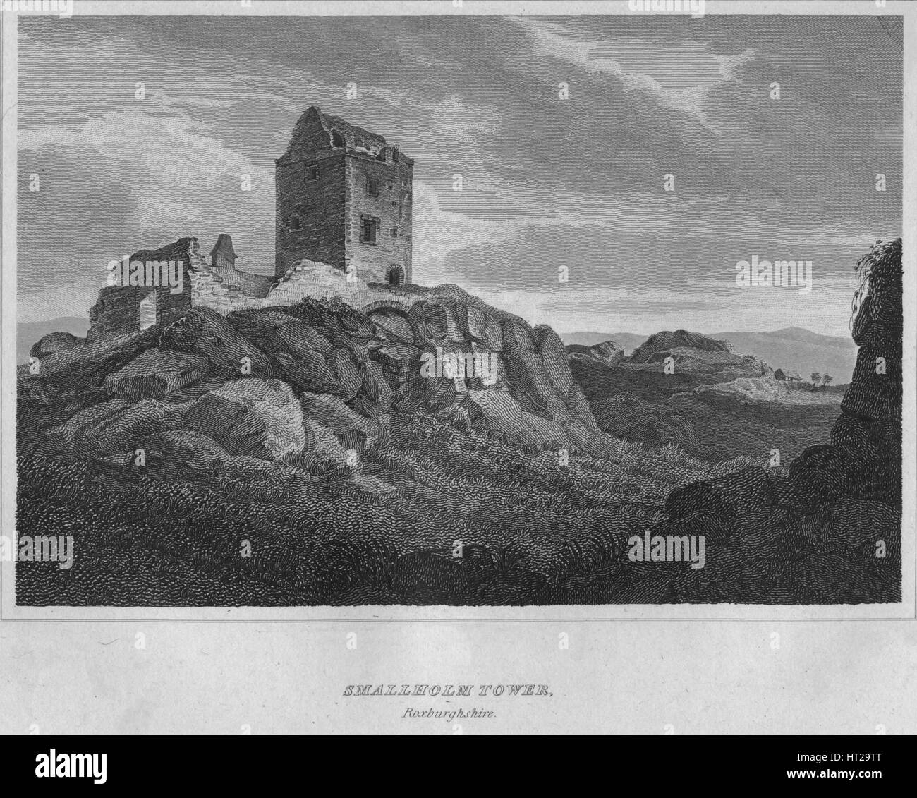 'Smallholm Tower, Roxburghshire', 1814. Artista: John Greig. Foto Stock