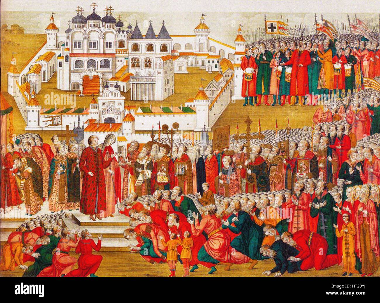 Una folla presso il monastero Hypatian implorando Mikhail Romanov della madre di lasciarlo andare a Mosca e a bec Artista: Matveyev, Artamon Sergeevich (1625-1682) Foto Stock