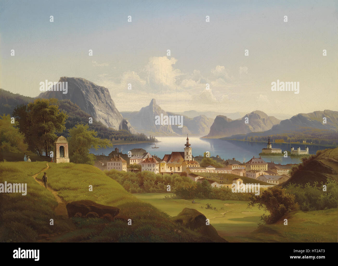Vista di Gmunden con Schloss Ort in background, 1870. Artista: Jankowski, Johann Wilhelm (1825-1870) Foto Stock