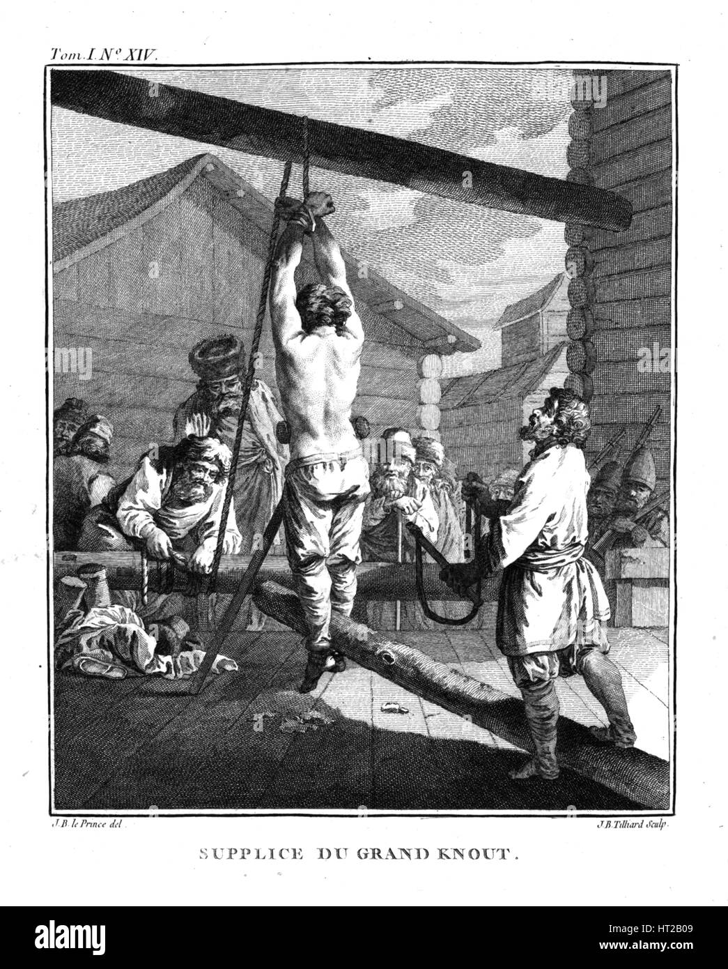 La punizione con un grande Knout. Da Voyage en Sibérie, 1766. Artista: Le Prince, Jean-Baptiste (1734-1781) Foto Stock