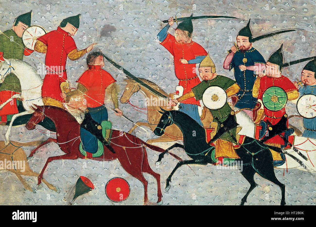 Ghenghis Khan in combattimento. Miniatura di Jami' al-tawarikh (Storia Universale), ca 1430. Artista: Anonimo Foto Stock