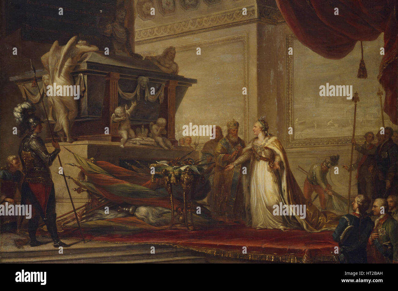 Catherine II che stabilisce i trofei della battaglia di Chesma sulla tomba di Pietro il Grande, 1791. Artista: Hüne (Hühne), Andreas Caspar (1749-1813) Foto Stock