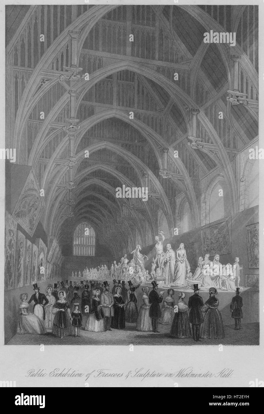 'Pubblico mostra di affreschi e sculture nella Westminster Hall', C1841. Artista: William Radclyffe. Foto Stock