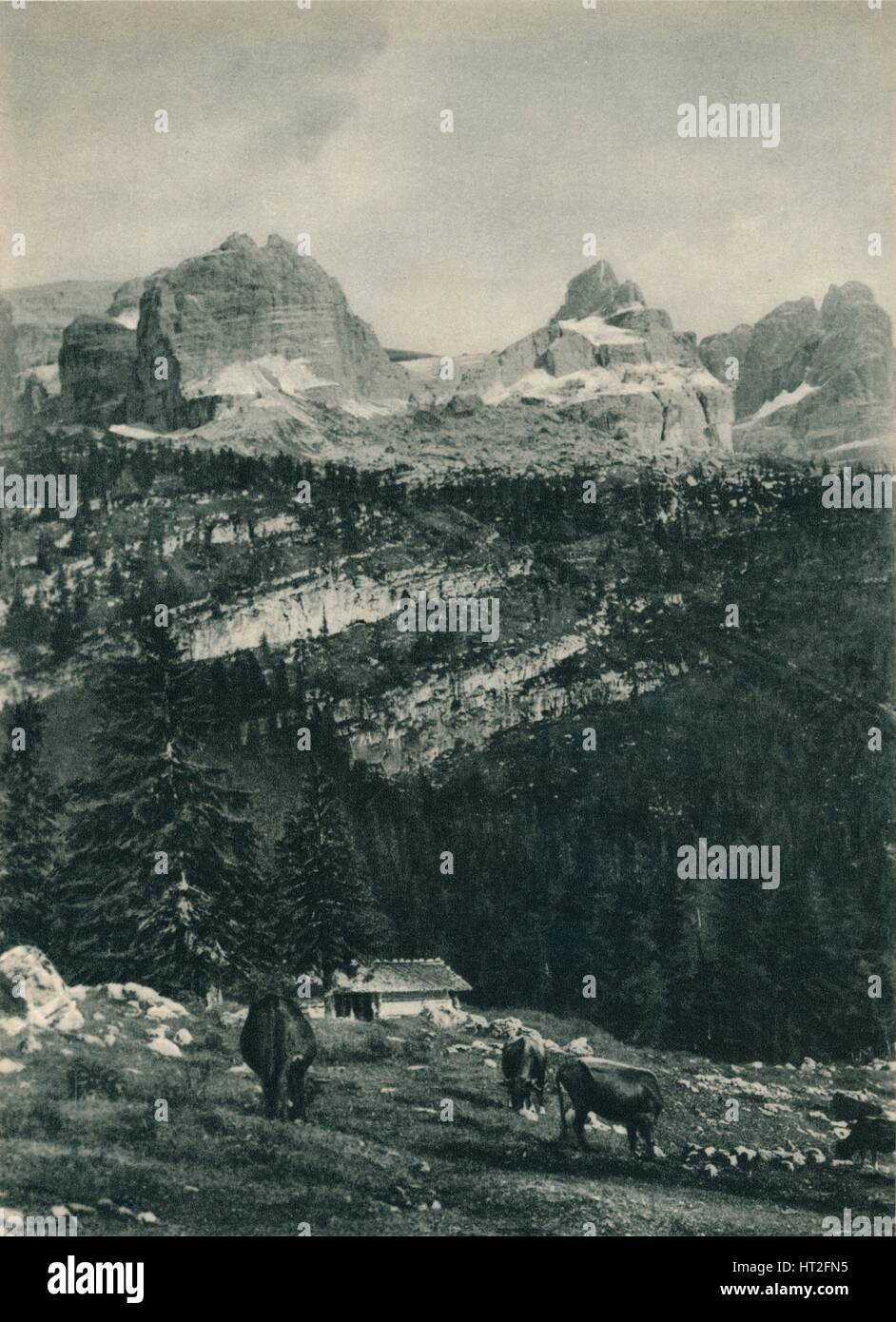 Vista del Gruppo del Brenta con il pascolo alpino, Madonna di Campiglio, Dolomiti, Italia, 1927. Artista: Eugen Poppel. Foto Stock