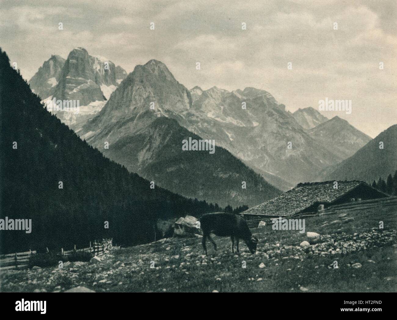 Vista del Gruppo del Brenta con il pascolo alpino, Madonna di Campiglio, Dolomiti, Italia, 1927. Artista: Eugen Poppel. Foto Stock