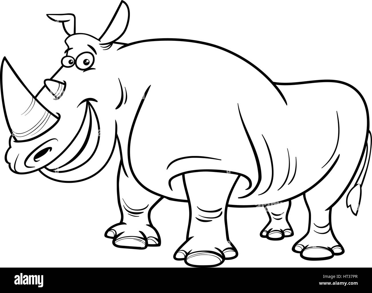 Bianco e Nero Cartoon illustrazione di rinoceronte animali selvatici del carattere nella pagina di colorazione Illustrazione Vettoriale