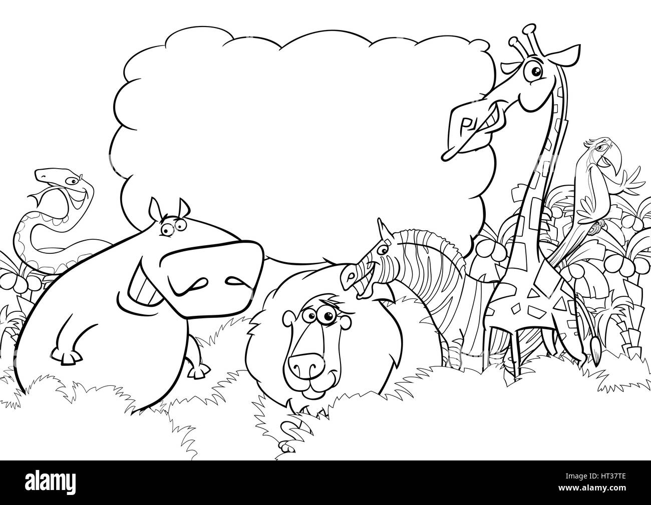 Bianco e Nero Cartoon illustrazione di animale selvatico con caratteri Blank Cloud Pagina di colorazione Illustrazione Vettoriale