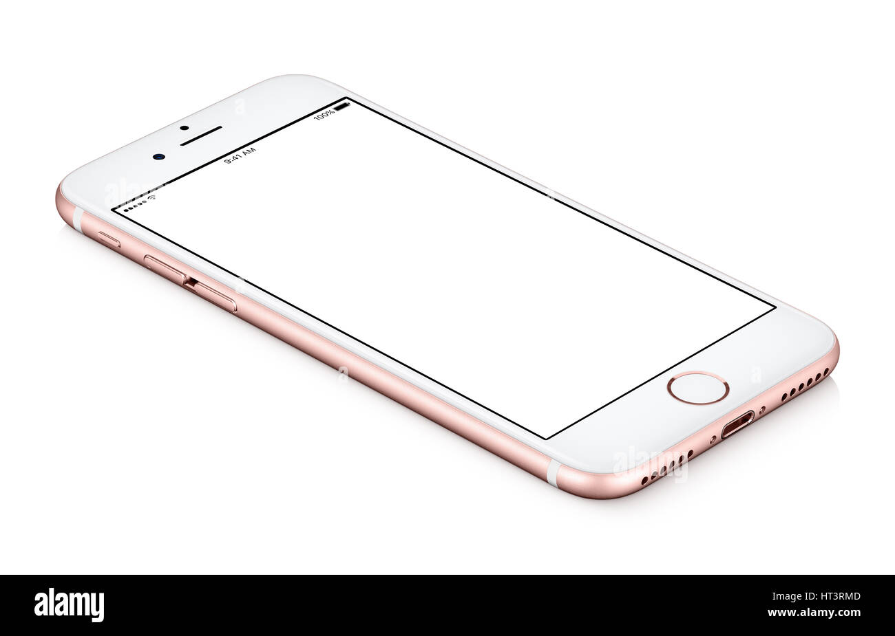 Rosa mobile smartphone mock-up ruotato in senso antiorario giace sulla superficie con schermo vuoto isolato su sfondo bianco. Foto Stock