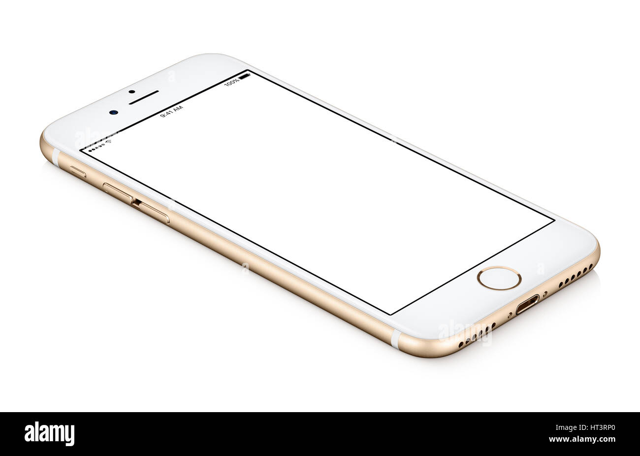 Oro mobile smart phone mock up ruotato in senso antiorario giace sulla superficie con schermo vuoto isolato su sfondo bianco. Foto Stock