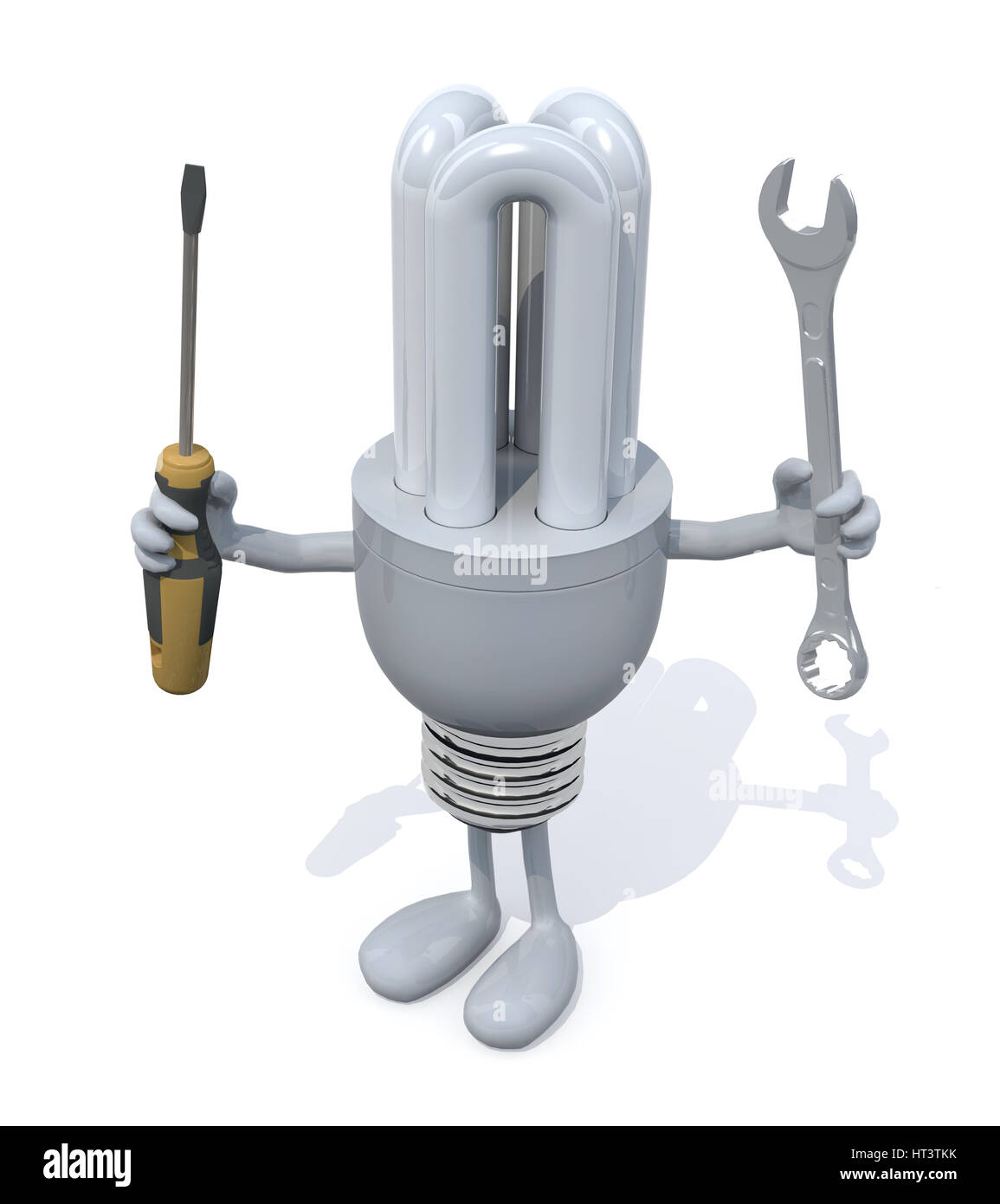 Lampadina fluorescente con le braccia e le gambe e gli strumenti a portata di mano, 3d illustrazione Foto Stock