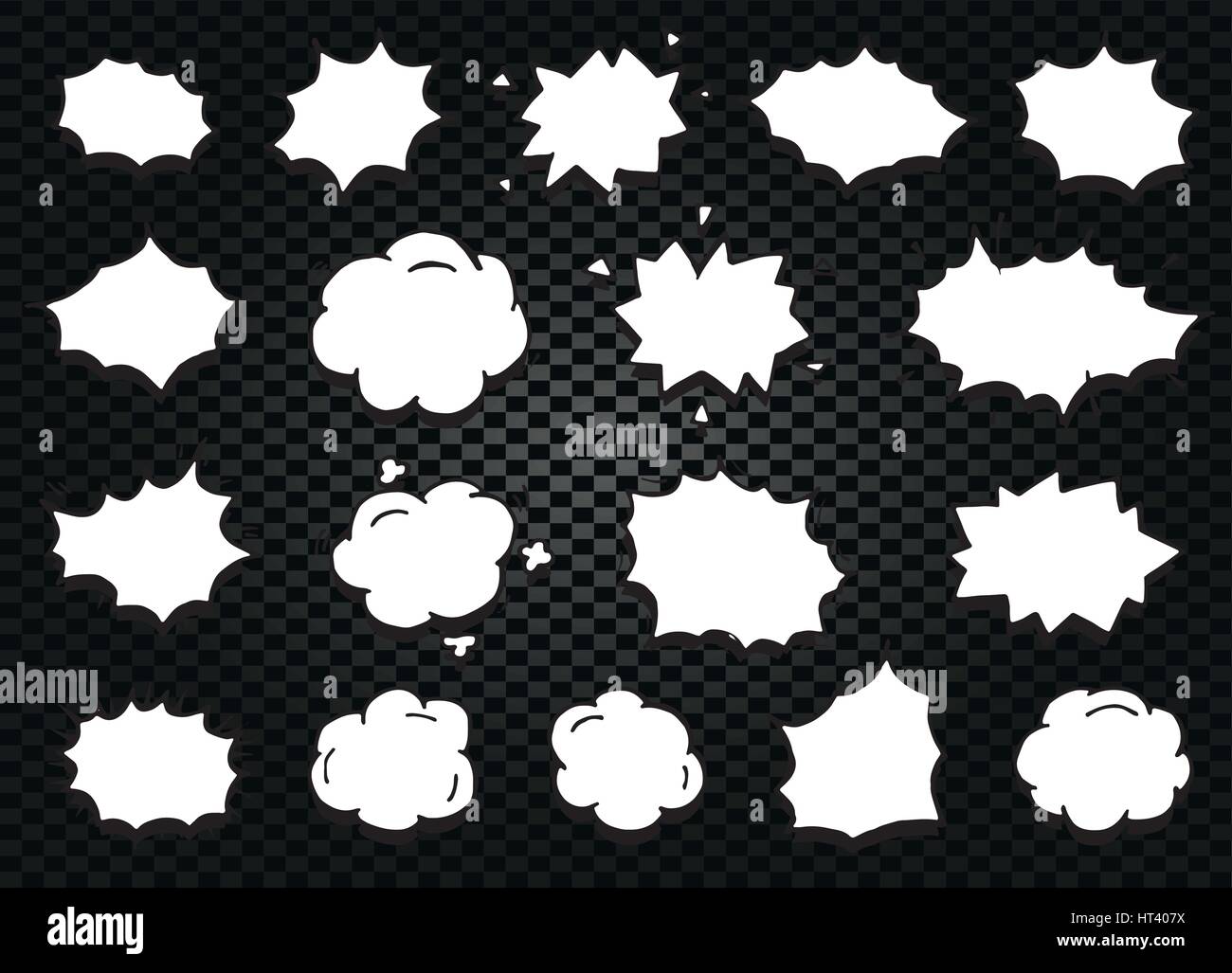 Abstract isolato in bianco e nero e a colori bianco fumetto discorso palloncini raccolta di icone su sfondo a scacchi, le finestre di dialogo di set di segni,telai di finestra di dialogo illustrazione vettoriale Illustrazione Vettoriale