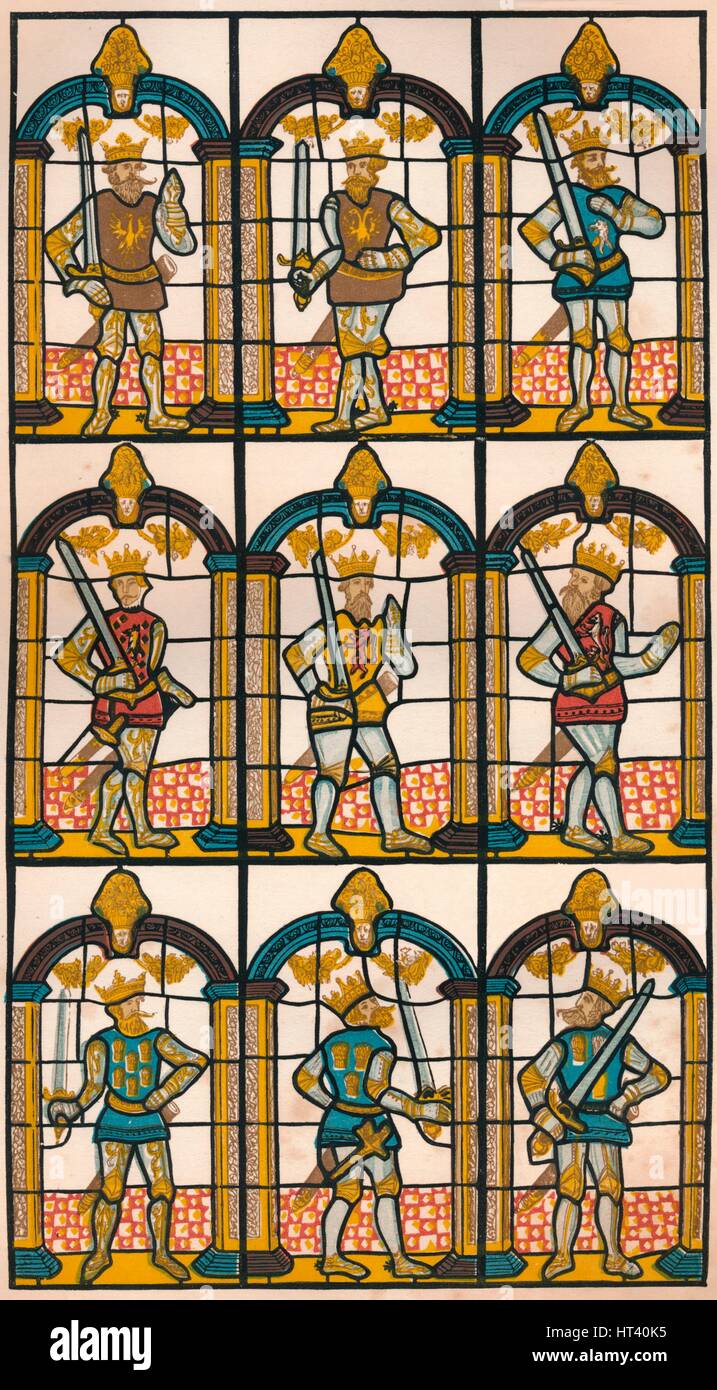 "Finestra dipinte - Due Earls sassone di mercia, e sette Norman Earls di Chester', 1808 (1845). Artista: William Fowler. Foto Stock