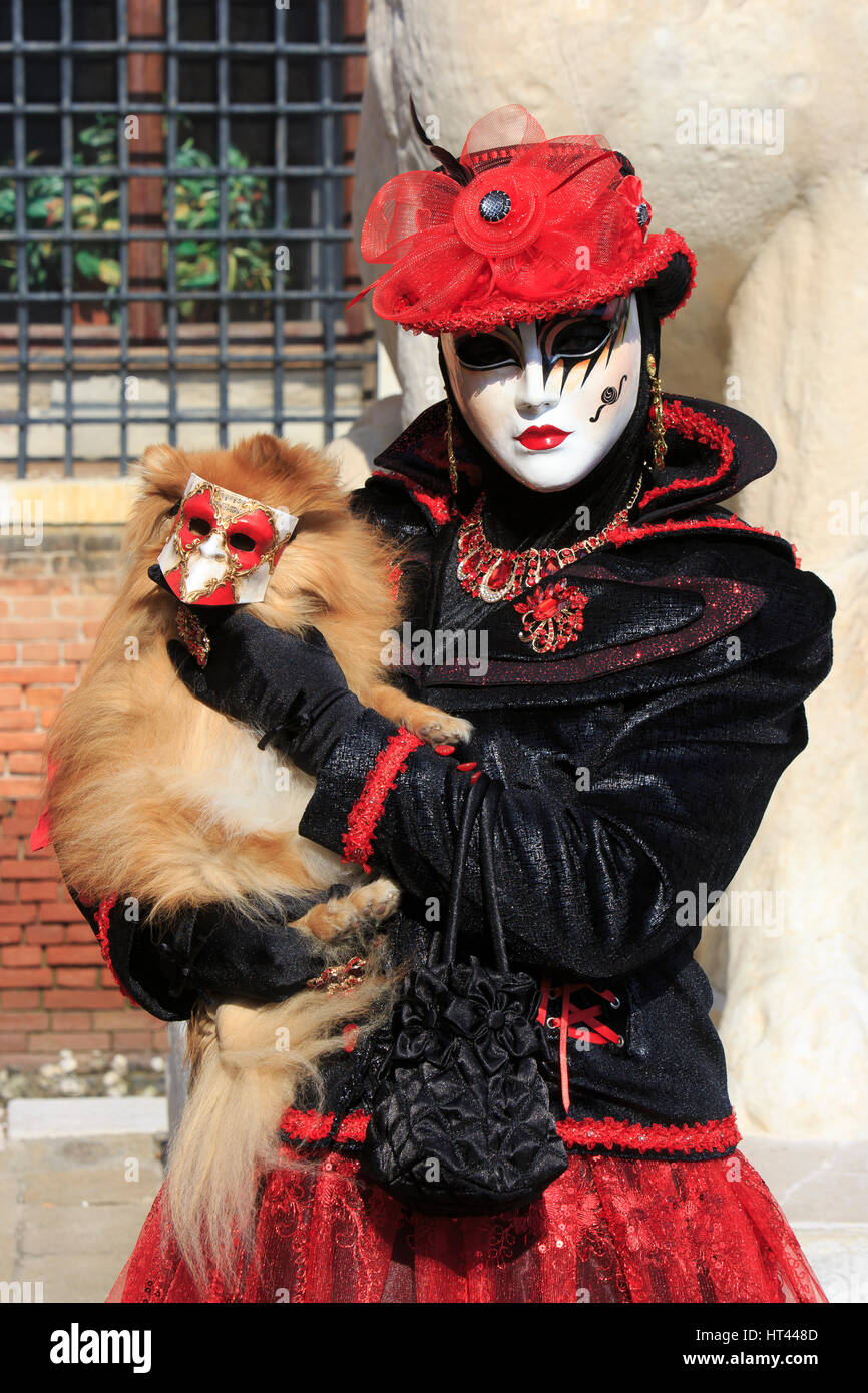 Una donna nel tradizionale costume veneziano tenendo un chihuahua cane con  una maschera al di fuori dell'Arsenal durante il Carnevale di Venezia,  Italia Foto stock - Alamy