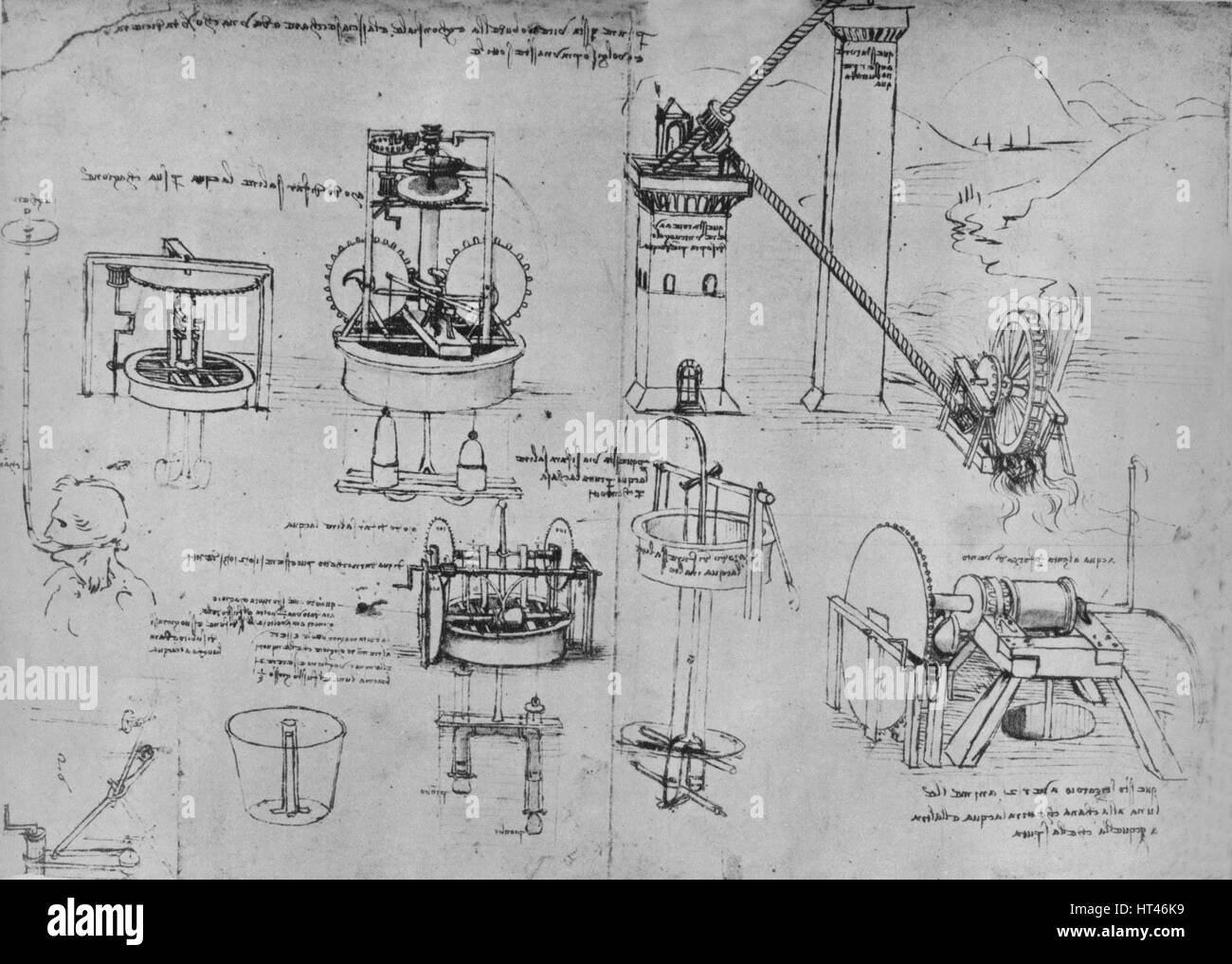 "Studi di pompe di aspirazione, i tubi Archimede, ecc.', C1480 (1945). Artista: Leonardo da Vinci. Foto Stock