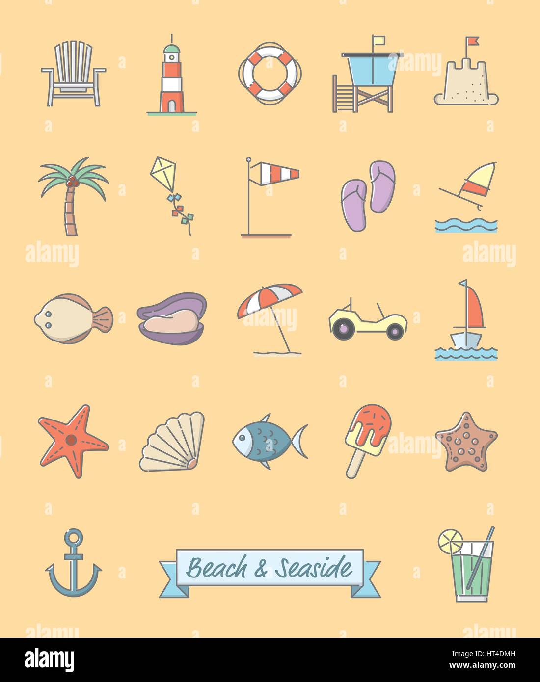 Raccolta di 22 spiaggia e mare simboli correlati, contorno grigio pastello e colore di riempimento Illustrazione Vettoriale