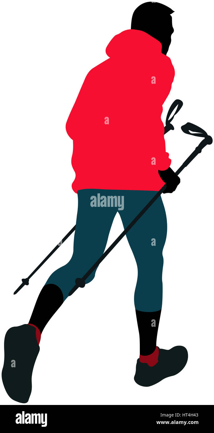 Runner maschio con pali trekking in esecuzione il sentiero di montagna Foto Stock