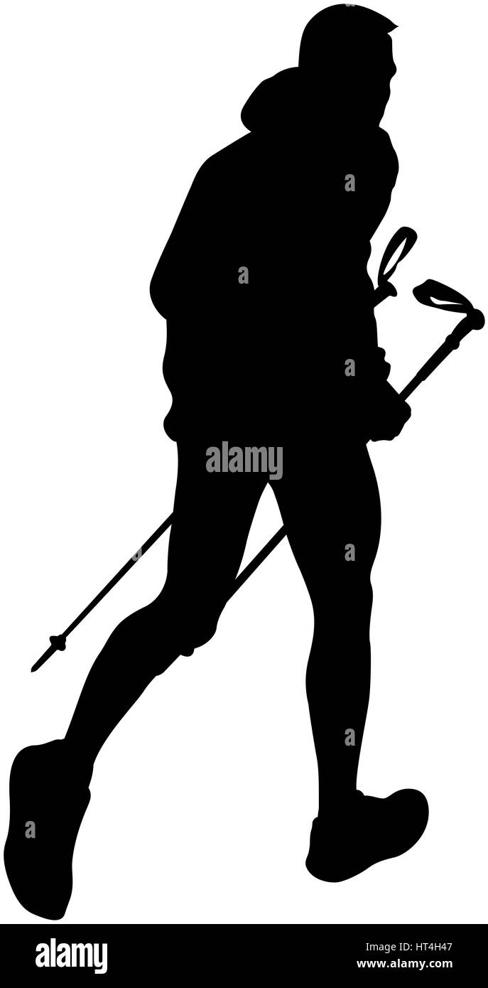 Runner maschio con pali trekking in esecuzione mountain trail silhouette nera Foto Stock