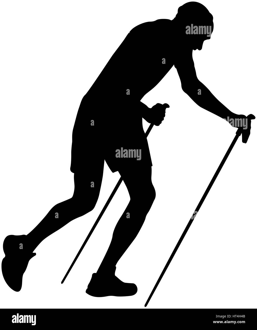 Runner maschio con pali trekking in esecuzione in salita silhouette nera Foto Stock