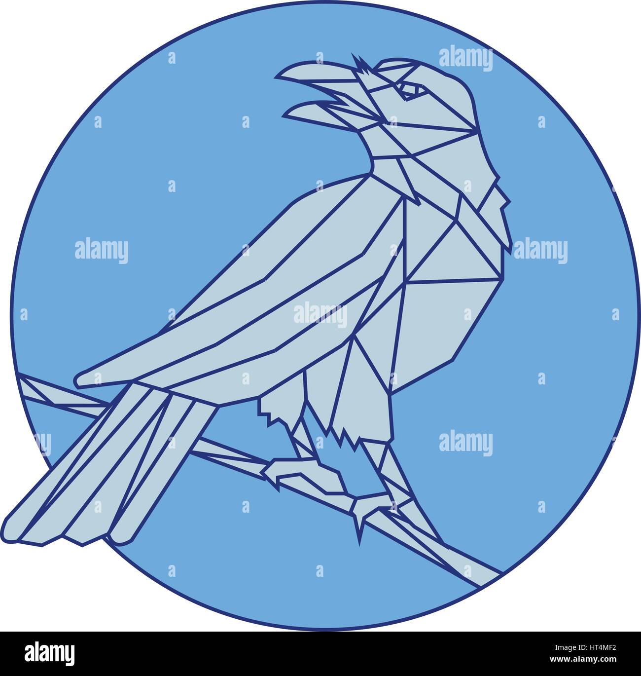 Mono stile linea illustrazione di un uccello corvo appollaiato su un pezzo di legno guardando al lato interno impostato cirlce su sfondo isolato. Illustrazione Vettoriale
