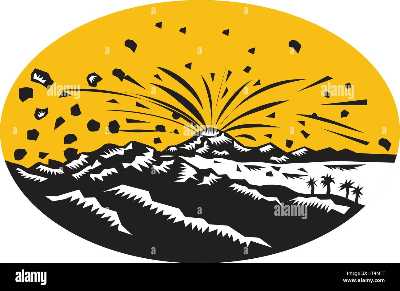 Illustrazione di un vulcano in eruzione eruzione vulcanica conseguente alla formazione dell'isola insieme all'interno di forma ovale fatto in xilografia stile. Illustrazione Vettoriale