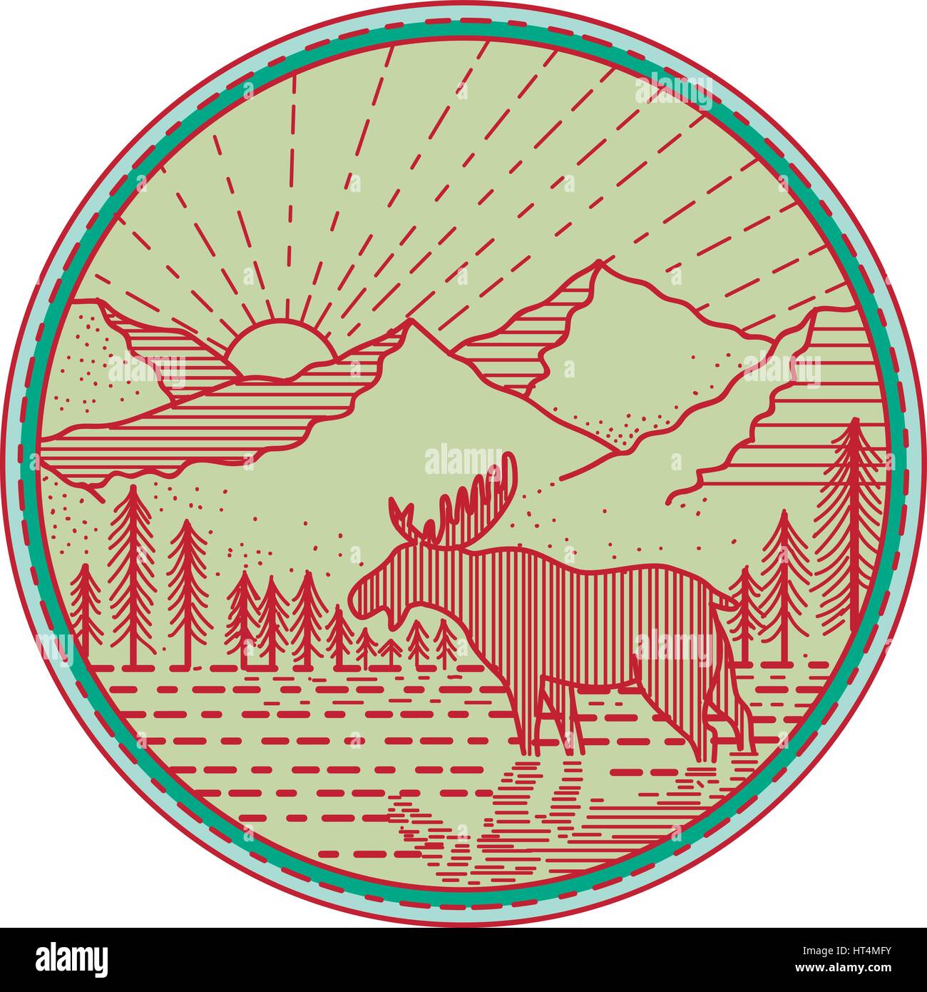 Illustrazione di un alce visto dal lato con il fiume di montagna e sun burst in background imposta cerchio interno fatto in stile retrò. Illustrazione Vettoriale