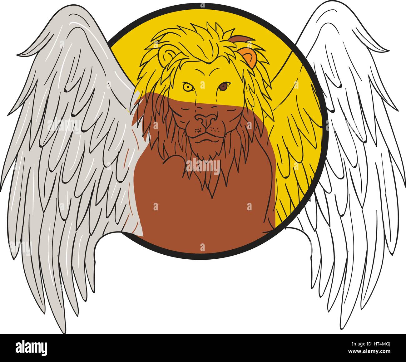 Disegno stile sketch illustrazione di un leone alato big cat o il leone di San Marco testa visto dalla parte anteriore impostato all'interno del cerchio. Illustrazione Vettoriale