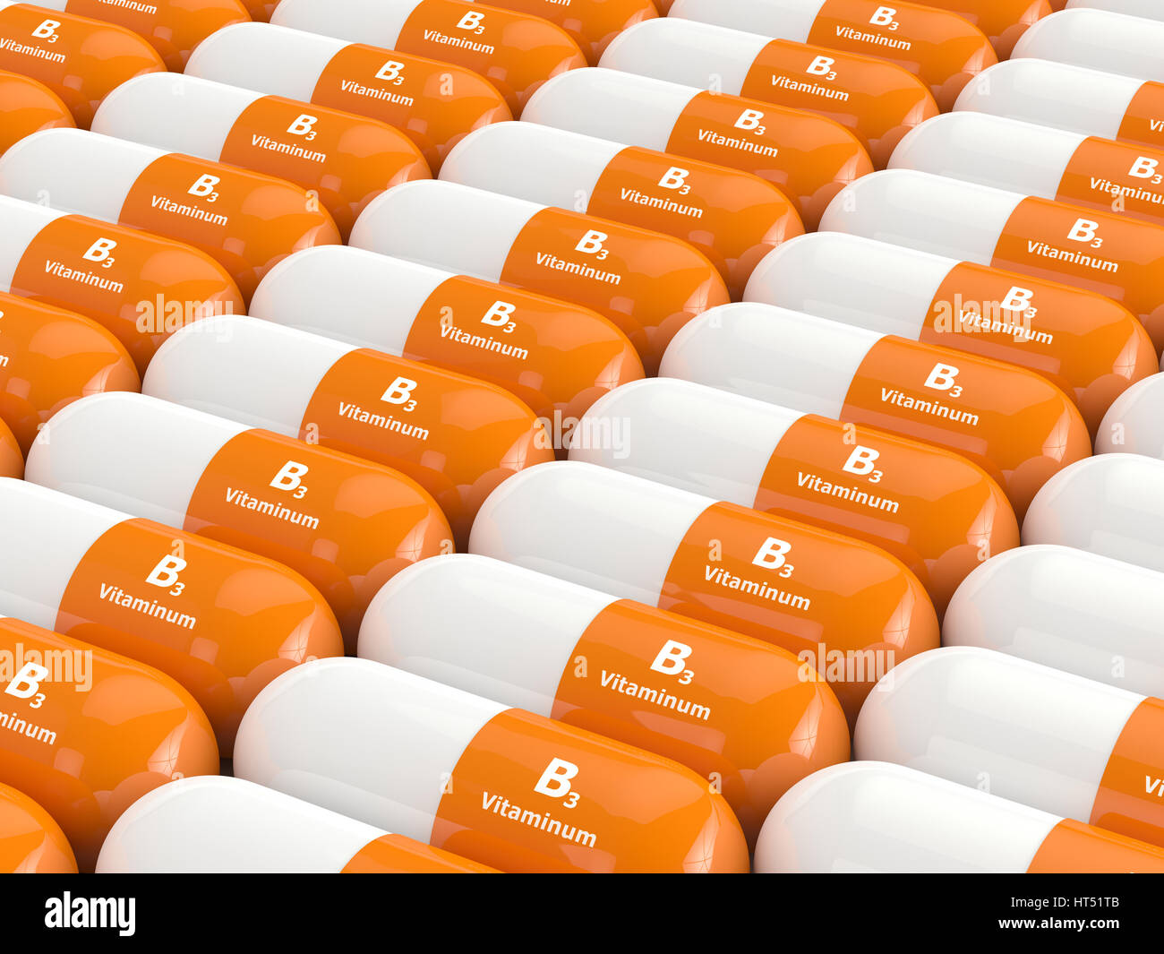 3D rendering di vitamina B3 pillole in fila. Niacina. Foto Stock