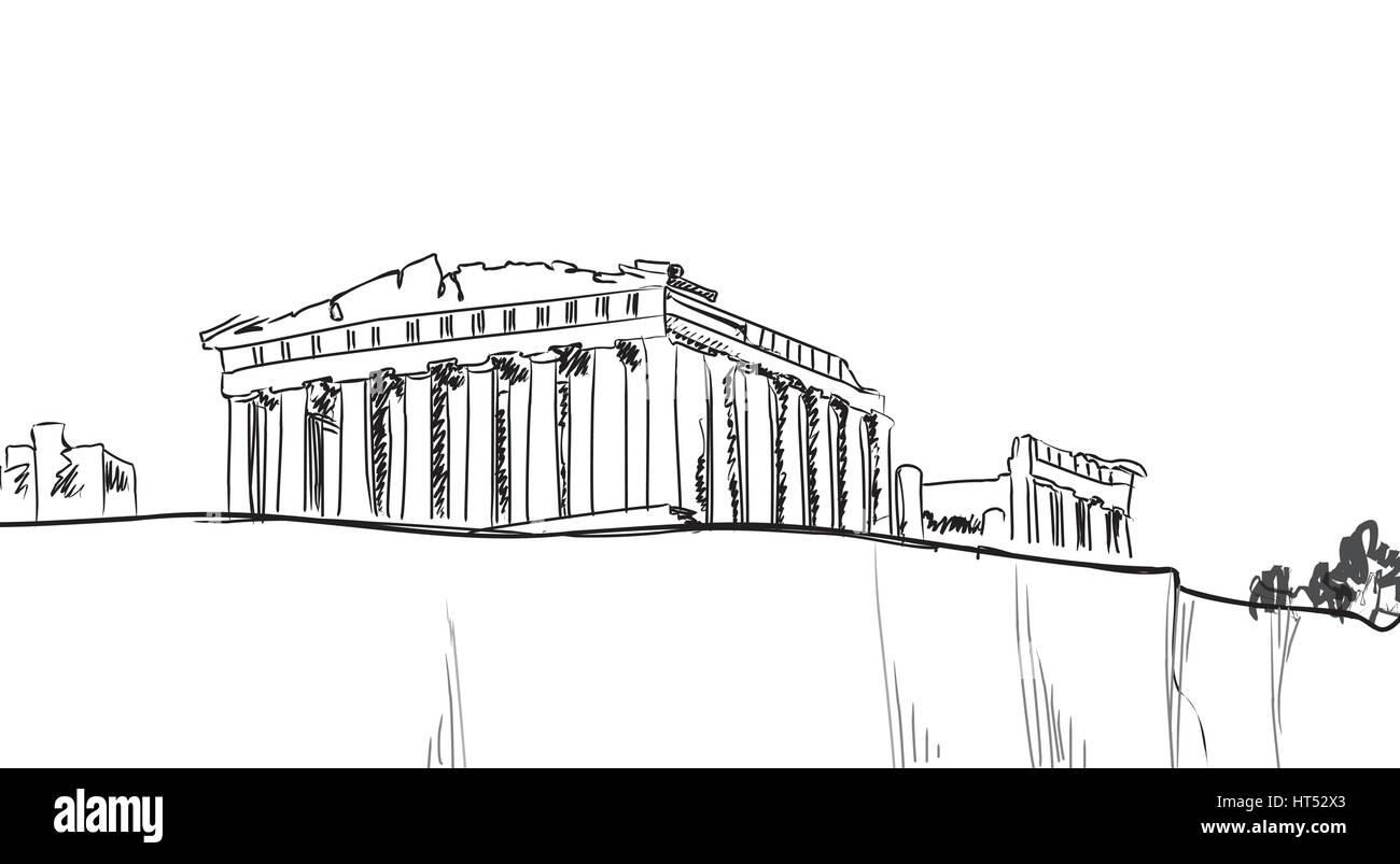 Viaggi Grecia segno. Atene famoso edificio con disegnati a mano scritte Atene, Grecia. Illustrazione Vettoriale