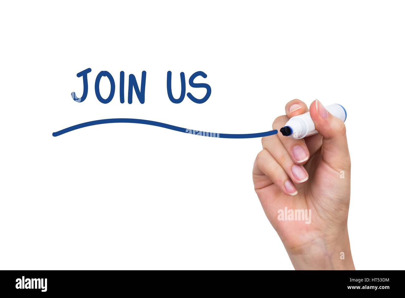 Disegno a mano Unisciti a noi le parole. Iscriviti concezione sulla lavagna virtuale Foto Stock
