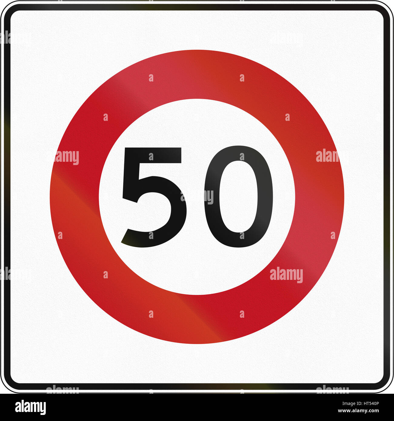 Nuova Zelanda cartello stradale RG-1 - 50 kmh limite. Foto Stock