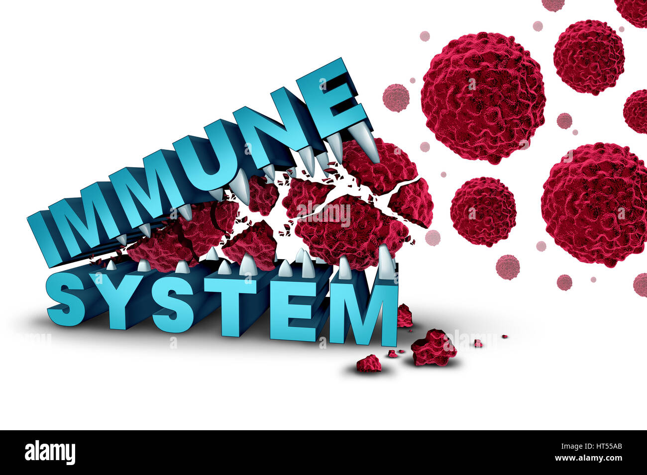 Sistema immunitario concetto e immunologia o dna di immunoterapia trattamento base con testo di mangiare e di distruggere le cellule di cancro maligne. Foto Stock