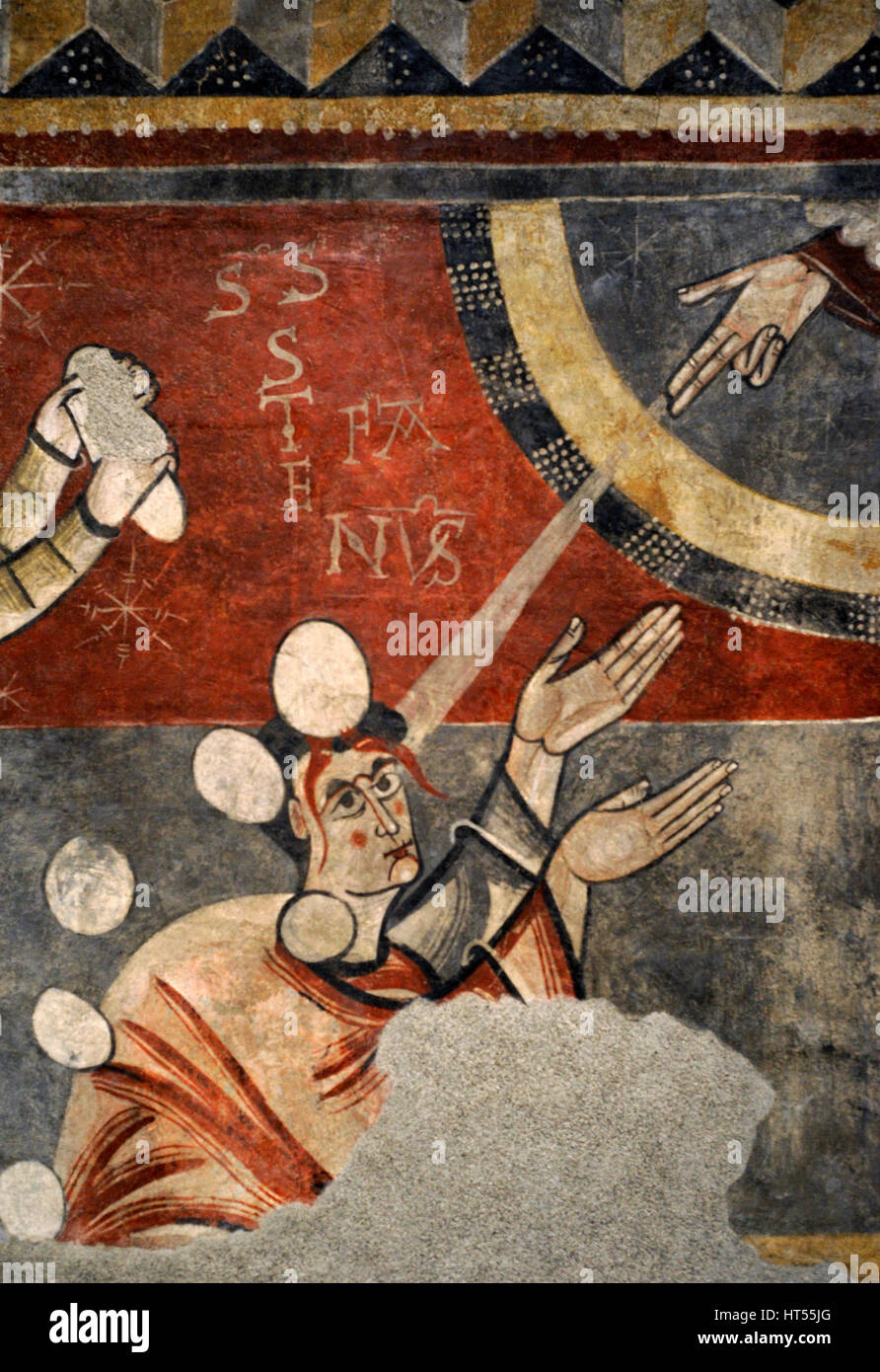 Maestro di Boi. La lapidazione di Santo Stefano di Boi, ca.1100. Dettaglio. Romanico. Affresco trasportato su tela. Dalla Chiesa Parrocchiale di San Joan de Boi (San Giovanni di Boi), Catalogna, Spagna. Museo d'Arte Nazionale della Catalogna. Barcellona. La Catalogna. Spagna. Foto Stock