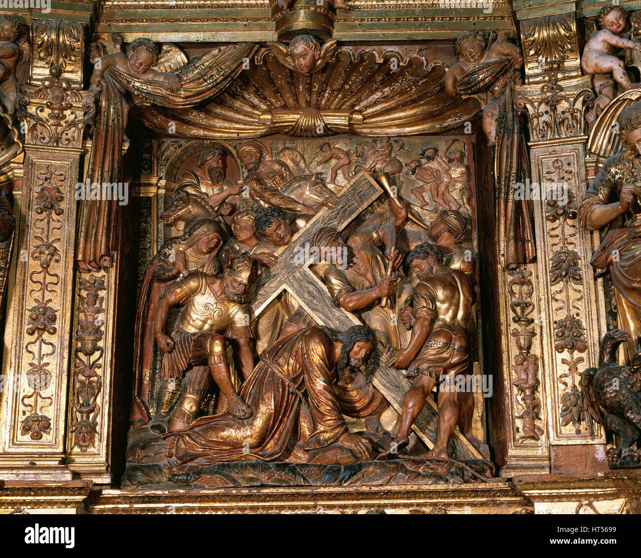 Damia Forment (1480-1540). Scultore Spagnolo. Cattedrale di Santo Domingo de la Calzada. Pala principale, 1537-40. Dettaglio. Gesù portando la sua croce. Spagna. Foto Stock