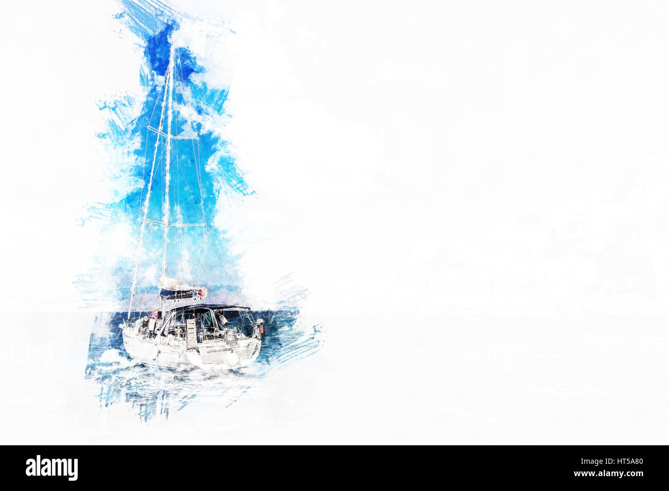 Hydra Island su un giorno di estate in Grecia. Bellissimo paesaggio con mare e sull'isola e una barca a vela. Pittura moderna. Illustrazione spazzolato basato sulla foto. Foto Stock