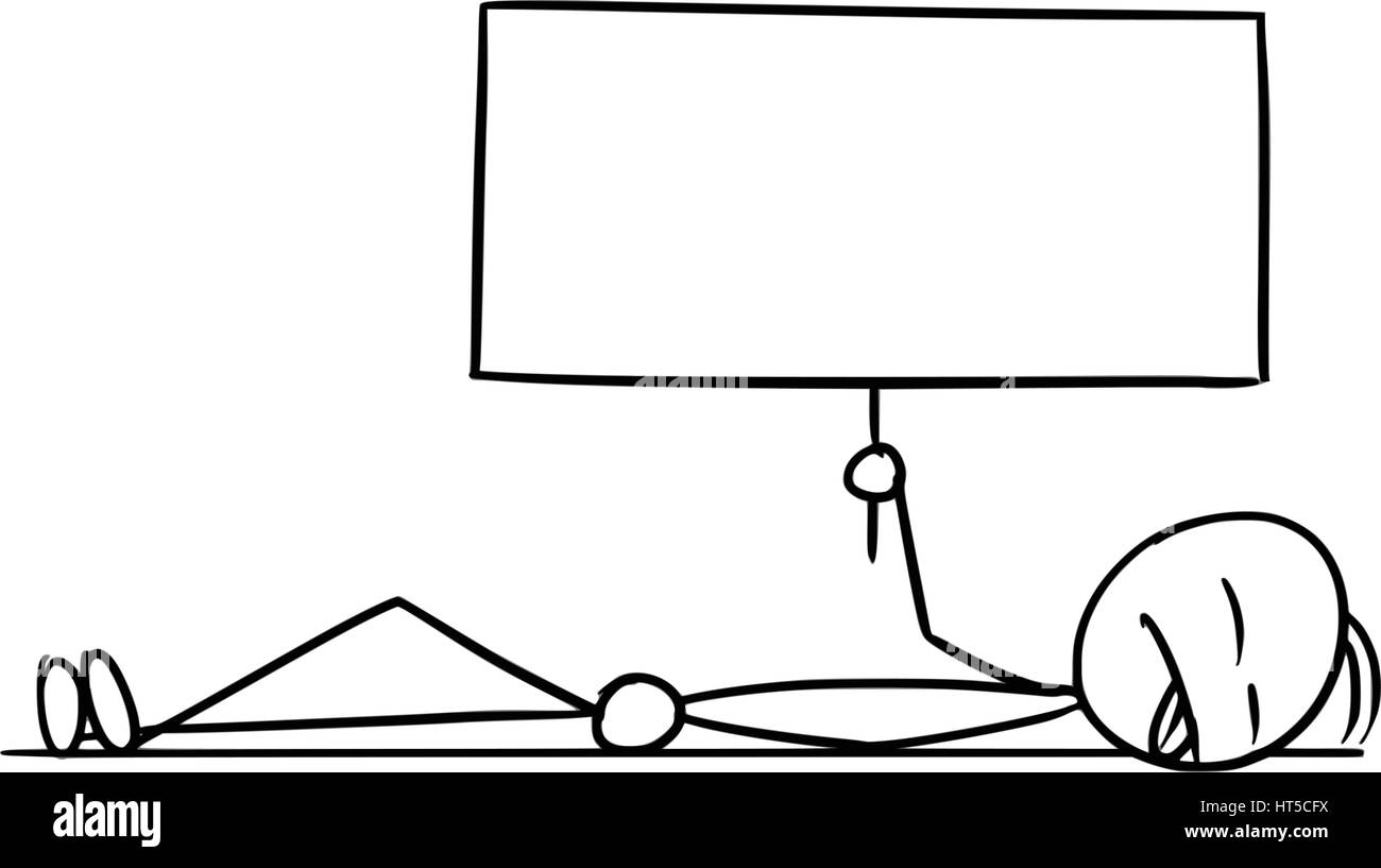 Vettore di Cartoon doodle morti stickman giacente a terra e tenendo premuto segno di vuoto per il testo Illustrazione Vettoriale